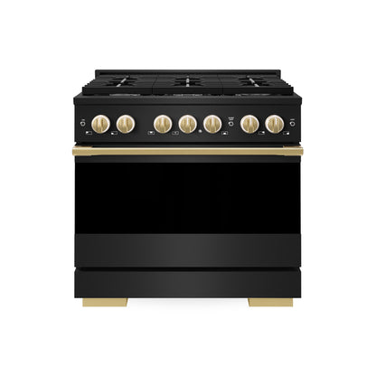ZLINE Autograph Edition 36 in. 5.2 cu. ft. Marino Gas Range with 6 Burner Cooktop and Convection Gas Oven in Black Stainless Steel and Polished Gold Accents (MGRBZ-36-G)