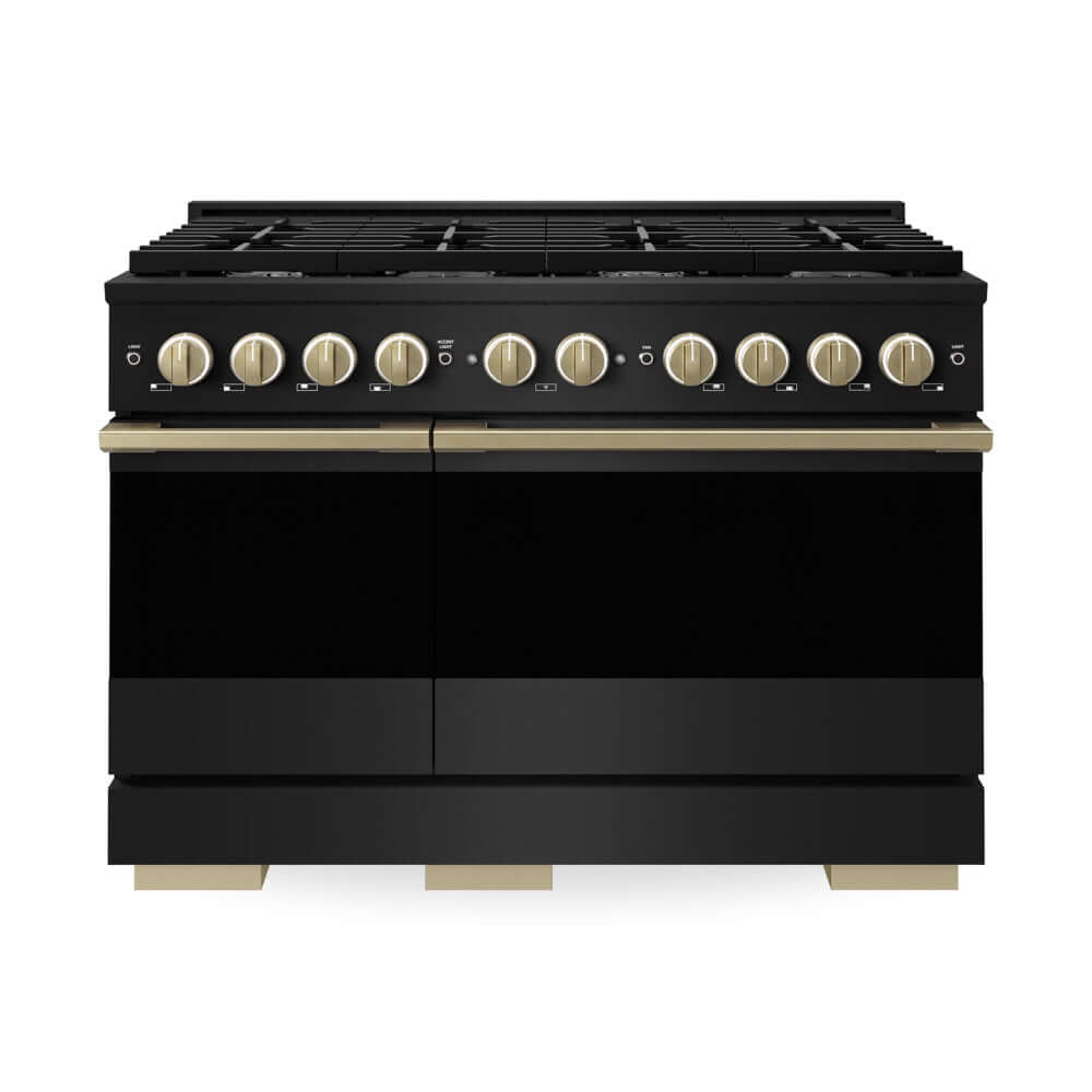 ZLINE Autograph Edition 48 in. 6.7 cu. ft. Marino Double Oven Gas Range with 8 Burner Cooktop in Black Stainless Steel and Champagne Bronze Accents (MGRBZ-48-CB) main image.