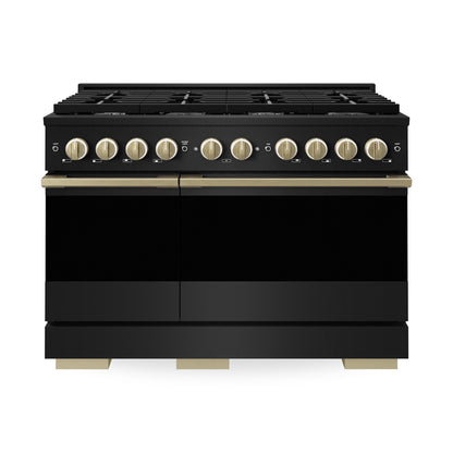 ZLINE Autograph Edition 48 in. 6.7 cu. ft. Marino Double Oven Gas Range with 8 Burner Cooktop in Black Stainless Steel and Champagne Bronze Accents (MGRBZ-48-CB)