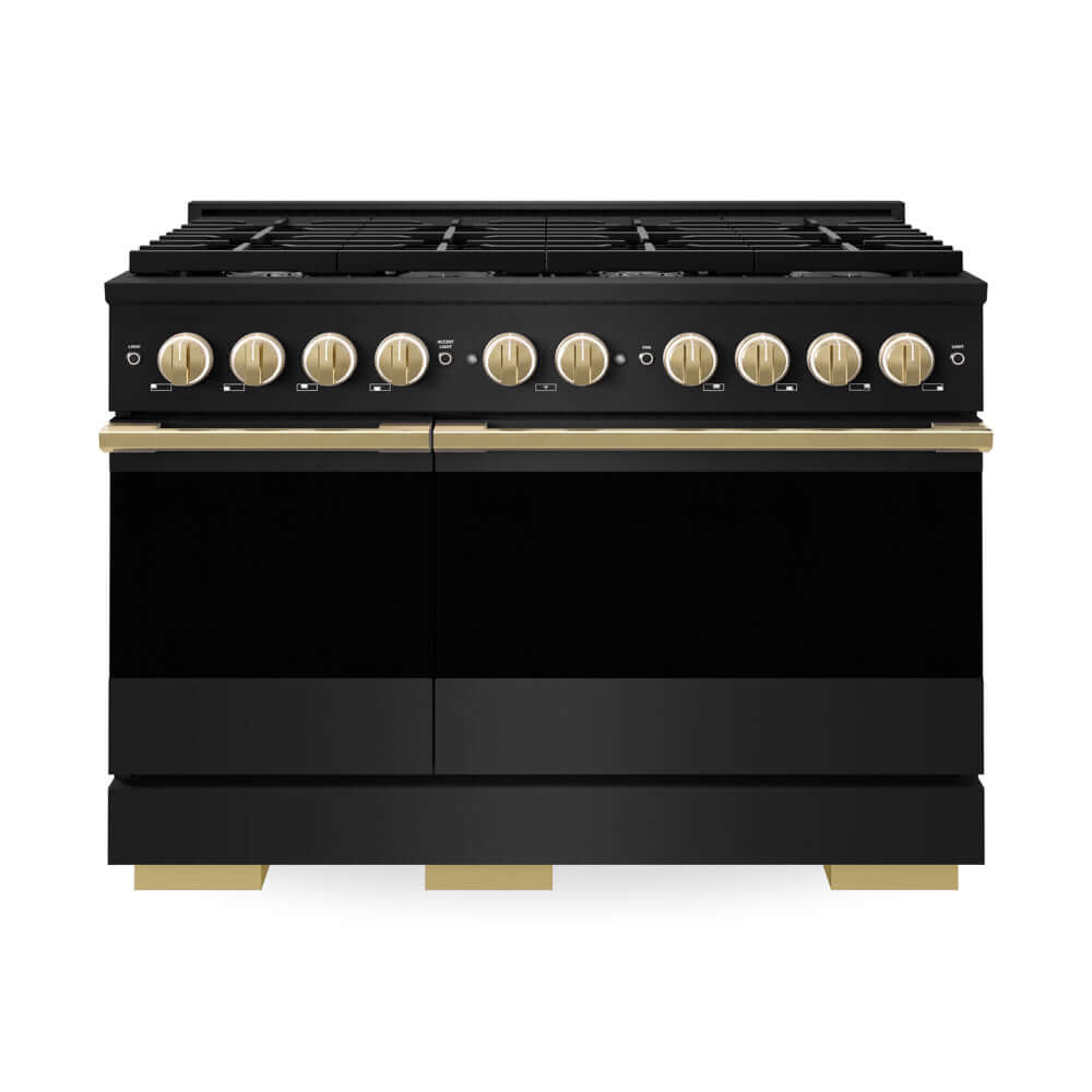 ZLINE Autograph Edition 48 in. 6.7 cu. ft. Marino Double Oven Gas Range with 8 Burner Cooktop in Black Stainless Steel and Polished Gold Accents (MGRBZ-48-G) main image.