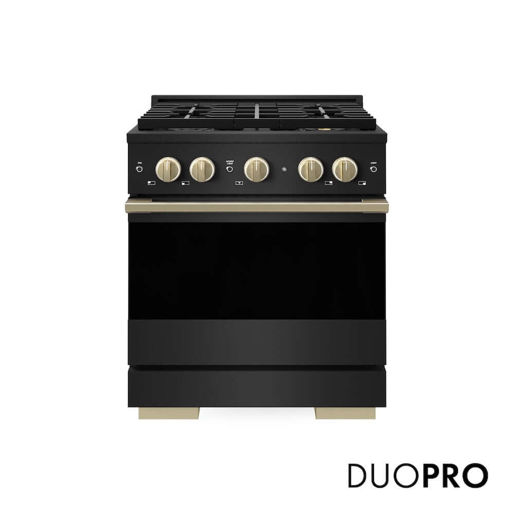 ZLINE Autograph Edition 30 in. 4.2 cu. ft. Marino Gas Range with 4 Burner DuoPro™ Cooktop and Convection Gas Oven in Black Stainless Steel and Champagne Bronze Accents (PMGRBZ-30-CB)