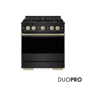 ZLINE Autograph Edition 30 in. 4.2 cu. ft. Marino Gas Range with 4 Burner DuoPro™ Cooktop and Convection Gas Oven in Black Stainless Steel and Champagne Bronze Accents (PMGRBZ-30-CB)