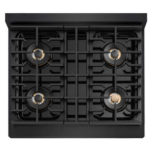 ZLINE Autograph Edition 30 in. 4.2 cu. ft. Marino Gas Range with 4 Burner DuoPro™ Cooktop and Convection Gas Oven in Black Stainless Steel and Champagne Bronze Accents (PMGRBZ-30-CB)