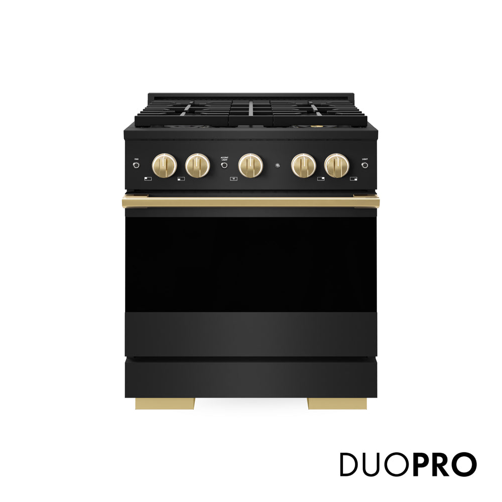 ZLINE Autograph Edition 30 in. 4.2 cu. ft. Marino Gas Range with 4 Burner DuoPro™ Cooktop and Convection Gas Oven in Black Stainless Steel and Polished Gold Accents (PMGRBZ-30-G) main image.