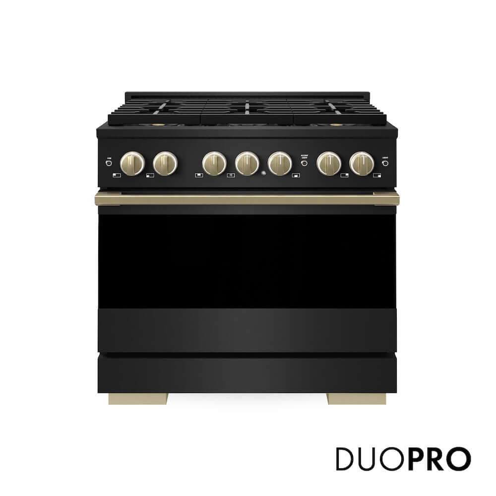 ZLINE Autograph Edition 36 in. 5.2 cu. ft. Marino Gas Range with 6 Burner DuoPro™ Cooktop and Convection Gas Oven in Black Stainless Steel and Champagne Bronze Accents (PMGRBZ-36-CB)