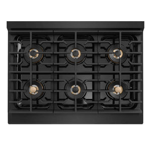 ZLINE Autograph Edition 36 in. 5.2 cu. ft. Marino Gas Range with 6 Burner DuoPro™ Cooktop and Convection Gas Oven in Black Stainless Steel and Champagne Bronze Accents (PMGRBZ-36-CB)