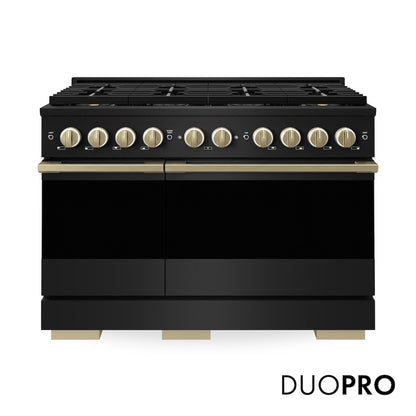 ZLINE Autograph Edition 48 in. 6.7 cu. ft. Marino Gas Range with 8 Burner DuoPro™ Cooktop and Dual Ovens in Black Stainless Steel and Champagne Bronze Accents (PMGRBZ-48-CB)