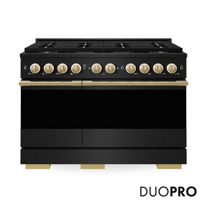 ZLINE Autograph Edition 48 in. 6.7 cu. ft. Marino Gas Range with 8 Burner DuoPro™ Cooktop and Dual Ovens in Black Stainless Steel and Polished Gold Accents (PMGRBZ-48-G)