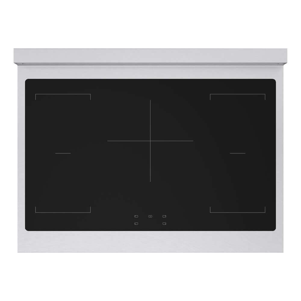ZLINE Autograph Edition 36 in. 5.2 cu. ft. Marino Induction Range with 5 Element Cooktop and Electric Convection Oven in Satin Stainless Steel with White Matte Door and Polished Gold Accents (MINRSZ-WM-36-G) top-down, above cooking surface.
