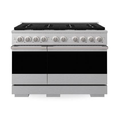 ZLINE 48 in. 6.7 cu. ft. Marino Double Oven Dual Fuel Range with 8 Burner Gas Cooktop in Satin Stainless Steel (MDRS-48) main image.