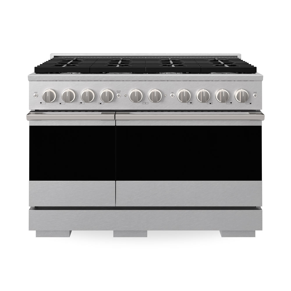 ZLINE 48 in. 6.7 cu. ft. Marino Double Oven Dual Fuel Range in Satin Stainless Steel with 8 Brass Burners (MDRS-BR-48) main image.