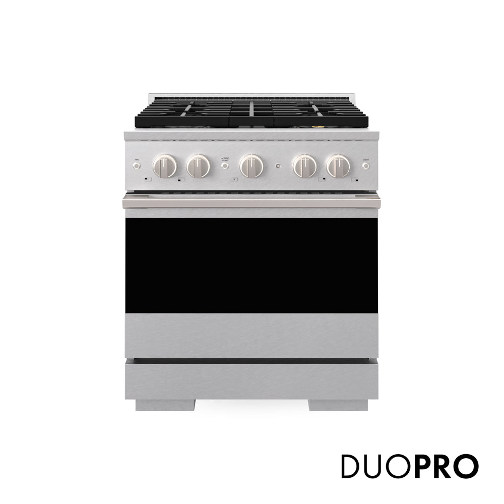 ZLINE 30 in. 4.2 cu. ft. Marino Dual Fuel Range with 4 Burner DuoPro™ Cooktop and Electric Convection Oven in Satin Stainless Steel (PMDRS-30) main image.