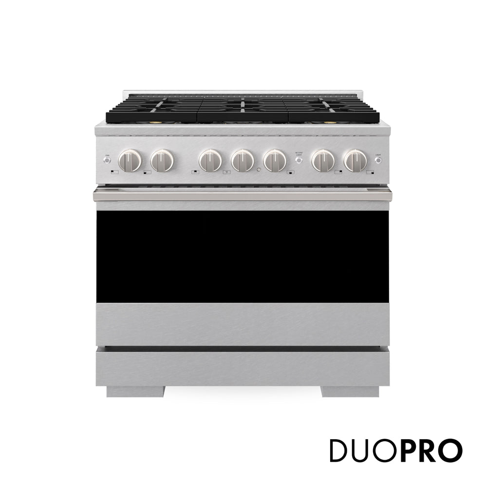 ZLINE 36 in. 5.2 cu. ft. Marino Dual Fuel Range with 6 Burner DuoPro™ Cooktop and Electric Convection Oven in Satin Stainless Steel (PMDRS-36) main image.