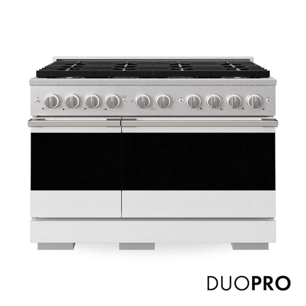 ZLINE 48 in. 6.7 cu. ft. Marino Dual Fuel Range with 8 Burner DuoPro™ Cooktop and Dual Ovens in Satin Stainless Steel with White Matte Doors (PMDRS-WM-48)