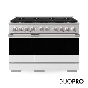 ZLINE 48 in. 6.7 cu. ft. Marino Dual Fuel Range with 8 Burner DuoPro™ Cooktop and Dual Ovens in Satin Stainless Steel with White Matte Doors (PMDRS-WM-48)