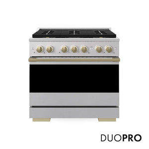 ZLINE Autograph Edition 36 in. 5.2 cu. ft. Marino Dual Fuel Range with 6 Burner DuoPro™ Cooktop and Electric Convection Oven in Satin Stainless Steel and Champagne Bronze Accents (PMDRSZ-36-CB)