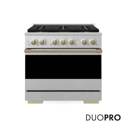 ZLINE Autograph Edition 36 in. 5.2 cu. ft. Marino Dual Fuel Range with 6 Burner DuoPro™ Cooktop and Electric Convection Oven in Satin Stainless Steel and Champagne Bronze Accents (PMDRSZ-36-CB)