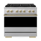 ZLINE Autograph Edition 36 in. 5.2 cu. ft. Marino Dual Fuel Range with 6 Burner DuoPro™ Cooktop and Electric Convection Oven in Satin Stainless Steel and Champagne Bronze Accents (PMDRSZ-36-CB)