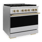 ZLINE Autograph Edition 36 in. 5.2 cu. ft. Marino Dual Fuel Range with 6 Burner DuoPro™ Cooktop and Electric Convection Oven in Satin Stainless Steel and Champagne Bronze Accents (PMDRSZ-36-CB)