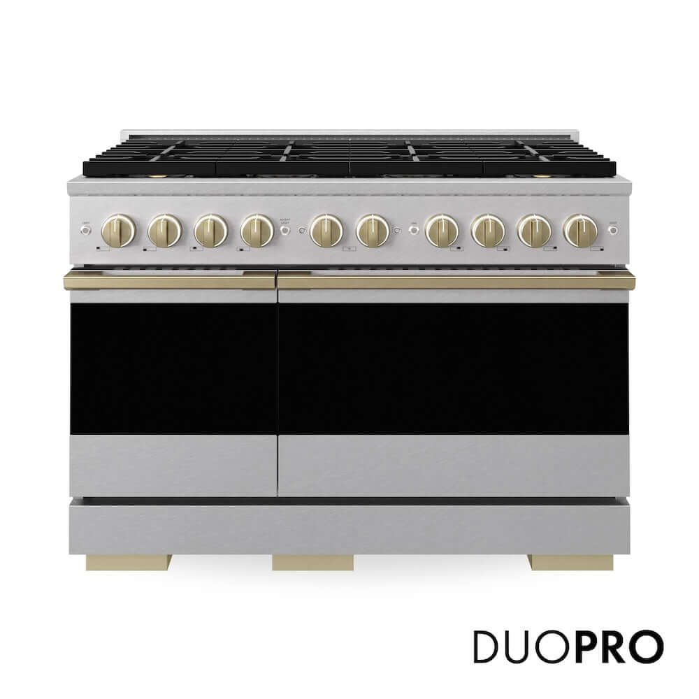 ZLINE Autograph Edition 48 in. 6.7 cu. ft. Marino Dual Fuel Range with 8 Burner DuoPro™ Cooktop and Dual Ovens in Satin Stainless Steel and Champagne Bronze Accents (PMDRSZ-48-CB)