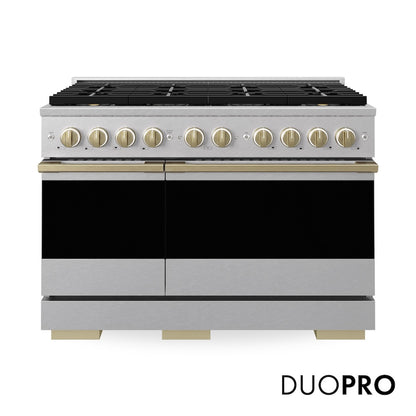 ZLINE Autograph Edition 48 in. 6.7 cu. ft. Marino Dual Fuel Range with 8 Burner DuoPro™ Cooktop and Dual Ovens in Satin Stainless Steel and Champagne Bronze Accents (PMDRSZ-48-CB)