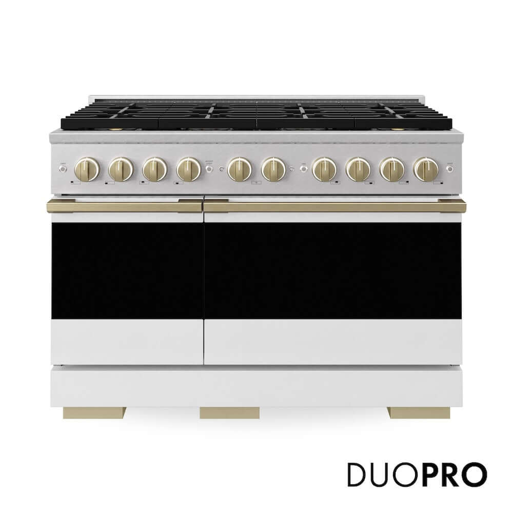 ZLINE Autograph Edition 48 in. 6.7 cu. ft. Marino Dual Fuel Range with 8 Burner DuoPro™ Cooktop and Dual Ovens in Satin Stainless Steel with White Matte Doors and Champagne Bronze Accents (PMDRSZ-WM-48-CB)