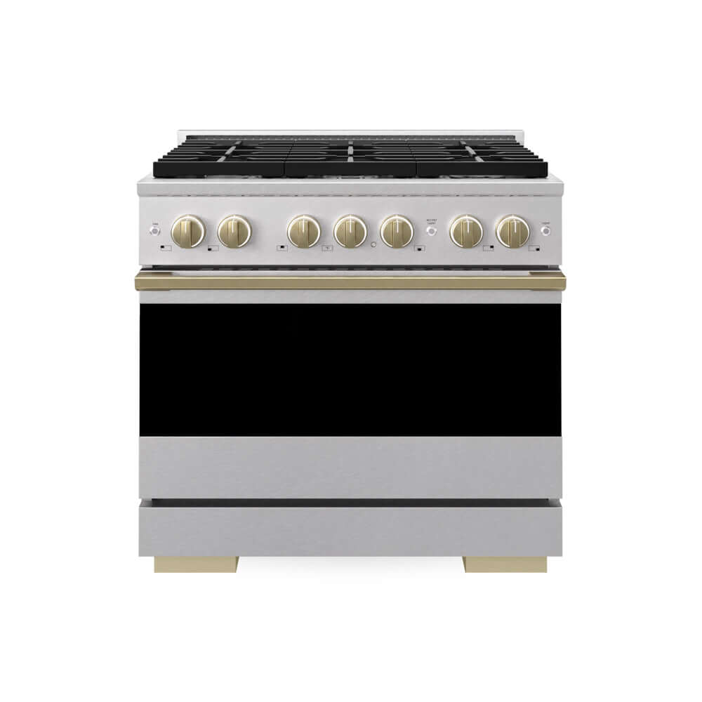 ZLINE Autograph Edition 36 in. 5.2 cu. ft. Marino Dual Fuel Range with 6 Burner Gas Cooktop and Electric Convection Oven in Satin Stainless Steel with Champagne Bronze Accents (MDRSZ-36-CB) main image.