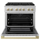 ZLINE Autograph Edition 36 in. 5.2 cu. ft. Marino Dual Fuel Range with 6 Burner Gas Cooktop and Electric Convection Oven in Satin Stainless Steel with Champagne Bronze Accents (MDRSZ-36-CB)