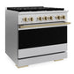 ZLINE Autograph Edition 36 in. 5.2 cu. ft. Marino Dual Fuel Range with 6 Burner Gas Cooktop and Electric Convection Oven in Satin Stainless Steel with Champagne Bronze Accents (MDRSZ-36-CB)