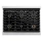 ZLINE Autograph Edition 36 in. 5.2 cu. ft. Marino Dual Fuel Range with 6 Burner Gas Cooktop and Electric Convection Oven in Satin Stainless Steel with Champagne Bronze Accents (MDRSZ-36-CB)