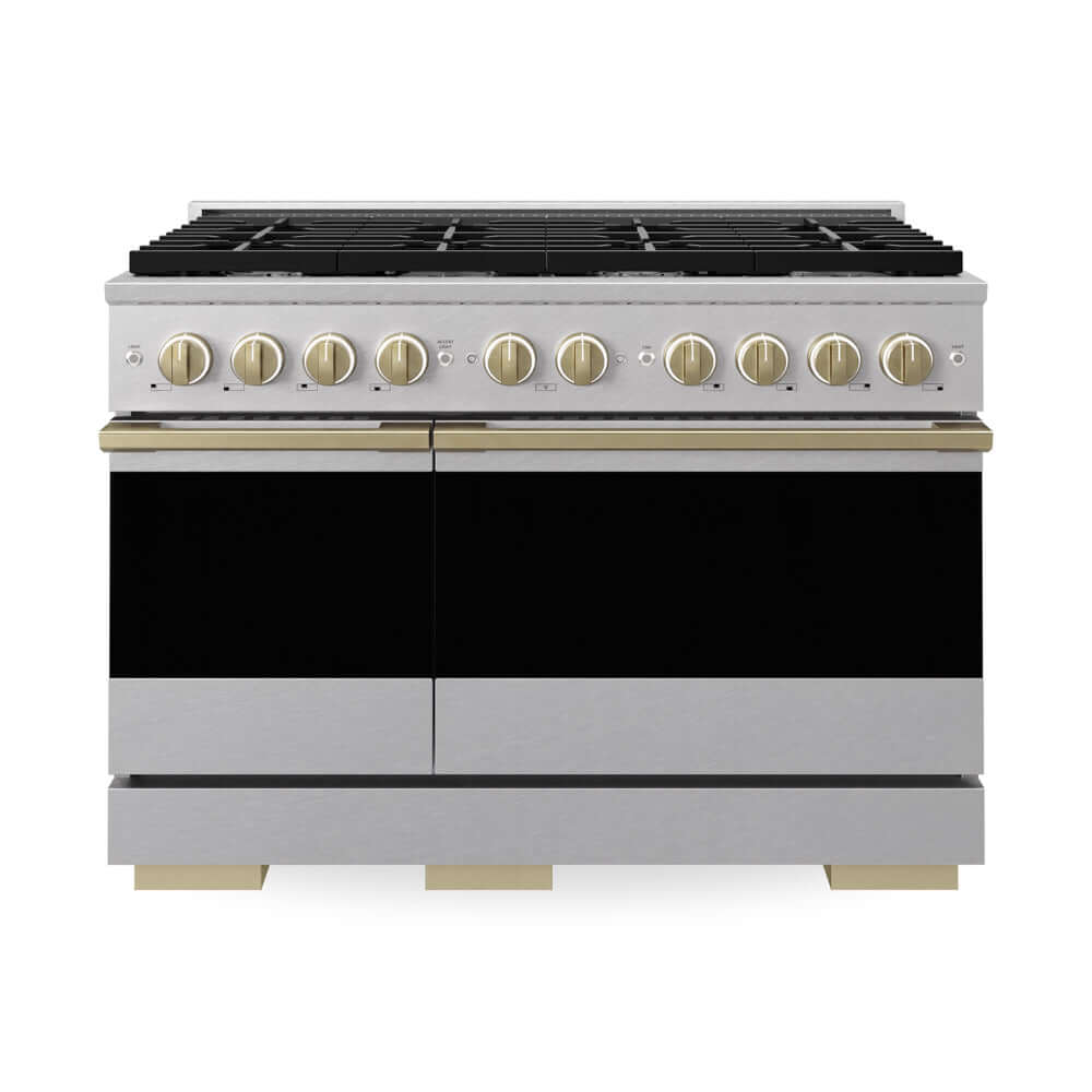 ZLINE Autograph Edition 48 in. 6.7 cu. ft. Marino Double Oven Dual Fuel Range with 8 Burner Gas Cooktop in Satin Stainless Steel and Champagne Bronze Accents (MDRSZ-48-CB) main image.