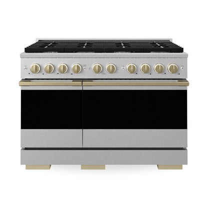 ZLINE Autograph Edition 48 in. 6.7 cu. ft. Marino Double Oven Dual Fuel Range with 8 Burner Gas Cooktop in Satin Stainless Steel and Champagne Bronze Accents (MDRSZ-48-CB)