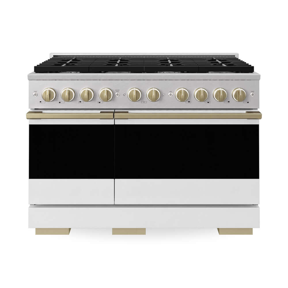 ZLINE Autograph Edition 48 in. 6.7 cu. ft. Marino Double Oven Dual Fuel Range with 8 Burner Gas Cooktop in Satin Stainless Steel with White Matte Doors and Champagne Bronze Accents (MDRSZ-WM-48-CB) main image.