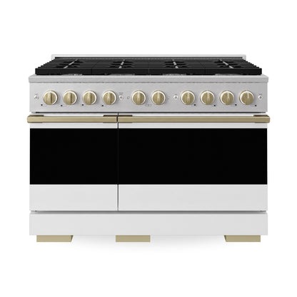 ZLINE Autograph Edition 48 in. 6.7 cu. ft. Marino Double Oven Dual Fuel Range with 8 Burner Gas Cooktop in Satin Stainless Steel with White Matte Doors and Champagne Bronze Accents (MDRSZ-WM-48-CB)