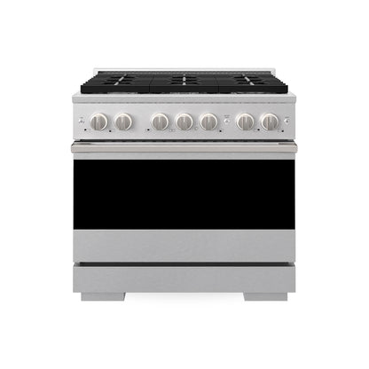ZLINE 36 in. 5.2 cu. ft. Marino Gas Range with 6 Burner Cooktop and Convection Gas Oven in Satin Stainless Steel (MGRS-36) main image.