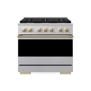 ZLINE Autograph Edition 36 in. 5.2 cu. ft. Marino Gas Range with 6 Burner Cooktop and Convection Gas Oven in Satin Stainless Steel and Champagne Bronze Accents (MGRSZ-36-CB) main image.