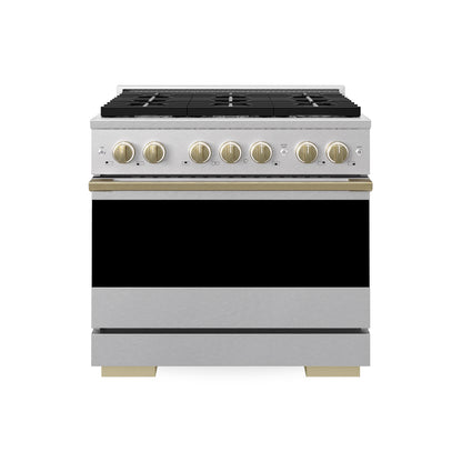 ZLINE Autograph Edition 36 in. 5.2 cu. ft. Marino Gas Range with 6 Burner Cooktop and Convection Gas Oven in Satin Stainless Steel and Champagne Bronze Accents (MGRSZ-36-CB)