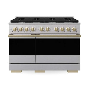 ZLINE Autograph Edition 48 in. 6.7 cu. ft. Marino Double Oven Gas Range with 8 Burner Cooktop in Satin Stainless Steel and Champagne Bronze Accents (MGRSZ-48-CB) main image.