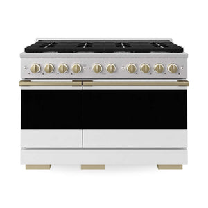 ZLINE Autograph Edition 48 in. 6.7 cu. ft. Marino Double Oven Gas Range with 8 Burner Cooktop in Satin Stainless Steel with White Matte Doors and Champagne Bronze Accents (MGRSZ-WM-48-CB) main image.