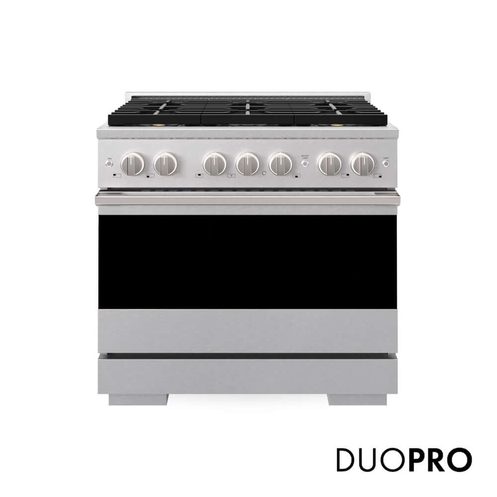 ZLINE 36 in. 5.2 cu. ft. Marino Gas Range with 6 Burner DuoPro™ Cooktop and Convection Gas Oven in Satin Stainless Steel (PMGRS-36) main image.