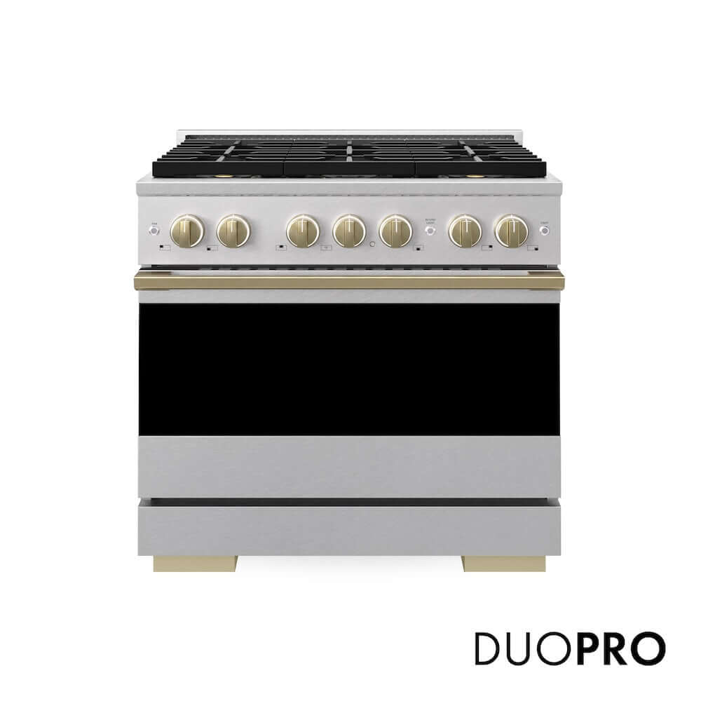 ZLINE Autograph Edition 36 in. 5.2 cu. ft. Marino Gas Range with 6 Burner DuoPro™ Cooktop and Convection Gas Oven in Satin Stainless Steel and Champagne Bronze Accents (PMGRSZ-36-CB)