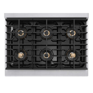 ZLINE Autograph Edition 36 in. 5.2 cu. ft. Marino Gas Range with 6 Burner DuoPro™ Cooktop and Convection Gas Oven in Satin Stainless Steel and Champagne Bronze Accents (PMGRSZ-36-CB)