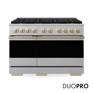 ZLINE Autograph Edition 48 in. 6.7 cu. ft. Marino Gas Range with 8 Burner DuoPro™ Cooktop and Dual Ovens in Satin Stainless Steel and Champagne Bronze Accents (PMGRSZ-48-CB)