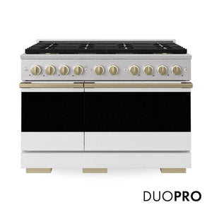 ZLINE Autograph Edition 48 in. 6.7 cu. ft. Marino Gas Range with 8 Burner DuoPro™ Cooktop and Dual Ovens in Satin Stainless Steel with White Matte Doors and Champagne Bronze Accents (PMGRSZ-WM-48-CB)