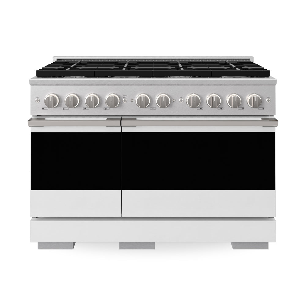 ZLINE 48 in. 6.7 cu. ft. Marino Double Oven Dual Fuel Range with 8 Burner Gas Cooktop in Satin Stainless Steel with White Matte Doors (MDRS-WM-48) main image.