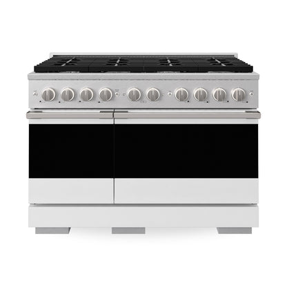 ZLINE 48 in. 6.7 cu. ft. Marino Double Oven Dual Fuel Range with 8 Burner Gas Cooktop in Satin Stainless Steel with White Matte Doors (MDRS-WM-48) main image.