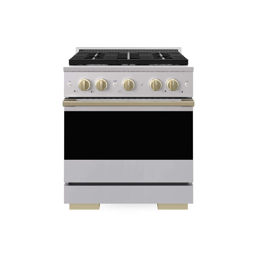 ZLINE Autograph Edition 30 in. 4.2 cu. ft. Marino Dual Fuel Range with 4 Burner Gas Cooktop and Electric Convection Oven in Stainless Steel with Champagne Bronze Accents (MDRZ-30-CB) main image.