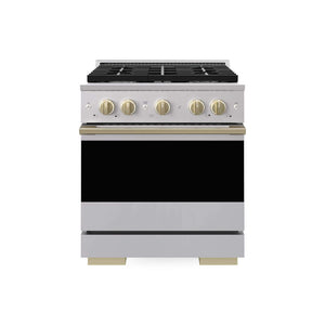 ZLINE Autograph Edition 30 in. 4.2 cu. ft. Marino Dual Fuel Range with 4 Burner Gas Cooktop and Electric Convection Oven in Stainless Steel with Champagne Bronze Accents (MDRZ-30-CB) main image.