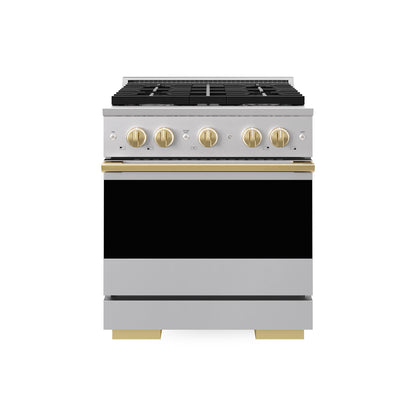 ZLINE Autograph Edition 30 in. 4.2 cu. ft. Marino Dual Fuel Range with 4 Burner Gas Cooktop and Electric Convection Oven in Stainless Steel with Polished Gold Accents (MDRZ-30-G)