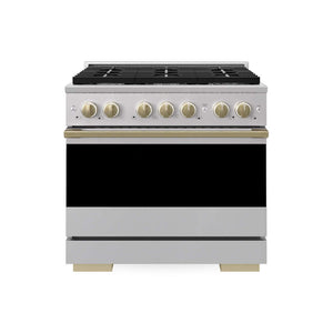 ZLINE Autograph Edition 36 in. 5.2 cu. ft. Marino Dual Fuel Range with 6 Burner Gas Cooktop and Electric Convection Oven in Stainless Steel with Champagne Bronze Accents (MDRZ-36-CB) main image.